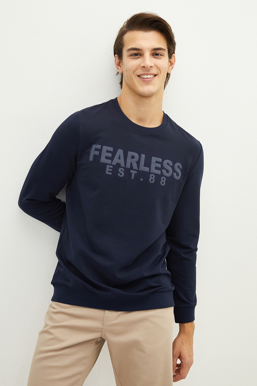 LC WAIKIKI, Bluza sport cu decolteu la baza gatului si text, Bleumarin, S