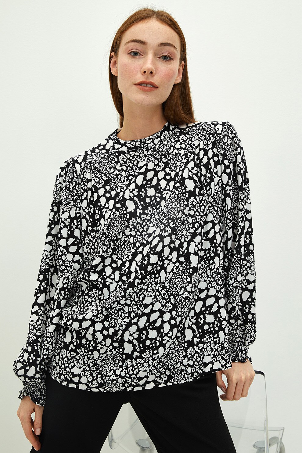 LC WAIKIKI, Bluza cu imprimeu si mansete elastice, Negru/Alb