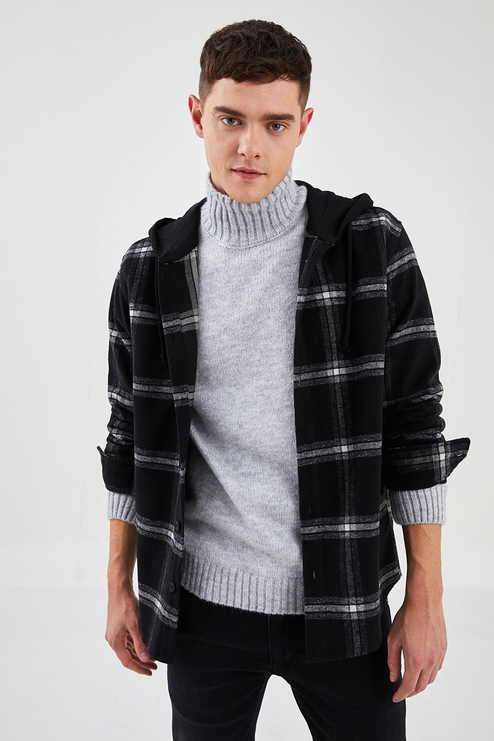 LC WAIKIKI, Jacheta cu model in carouri si gluga, Negru/Gri