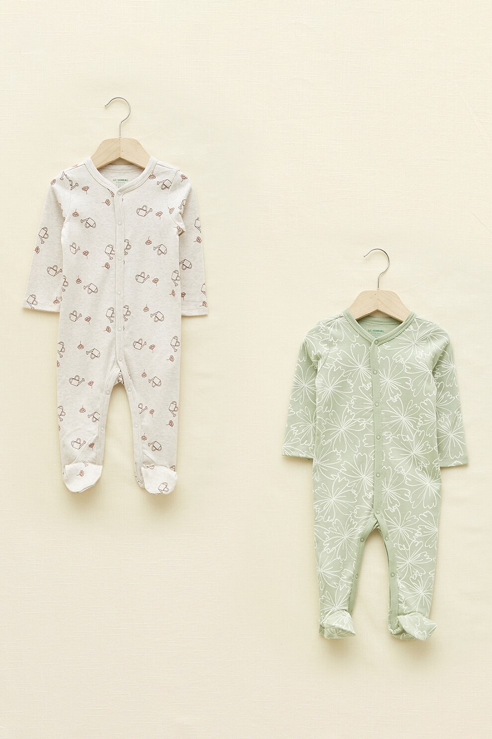 LC WAIKIKI, Set de salopete cu botosei - 2 piese, Verde sparanghel/Alb/Gri melange