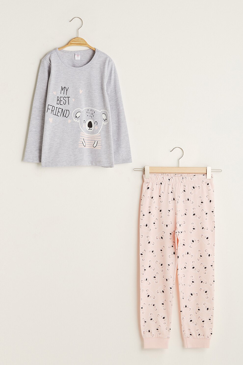 LC WAIKIKI, Pijama cu bluza imprimata si pantaloni, Gri/Roz