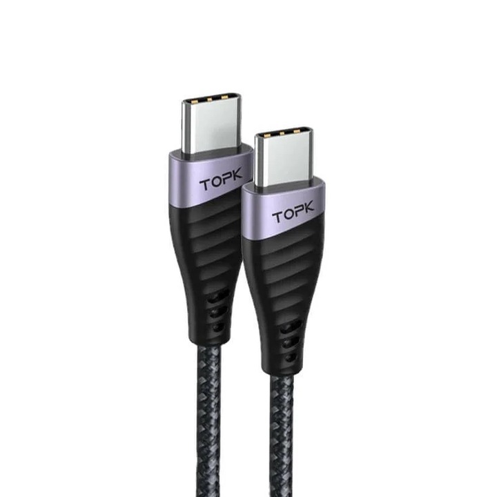 TopK Data кабел, USB Type-C към USB Type-C, 60W, Черен, 2 m