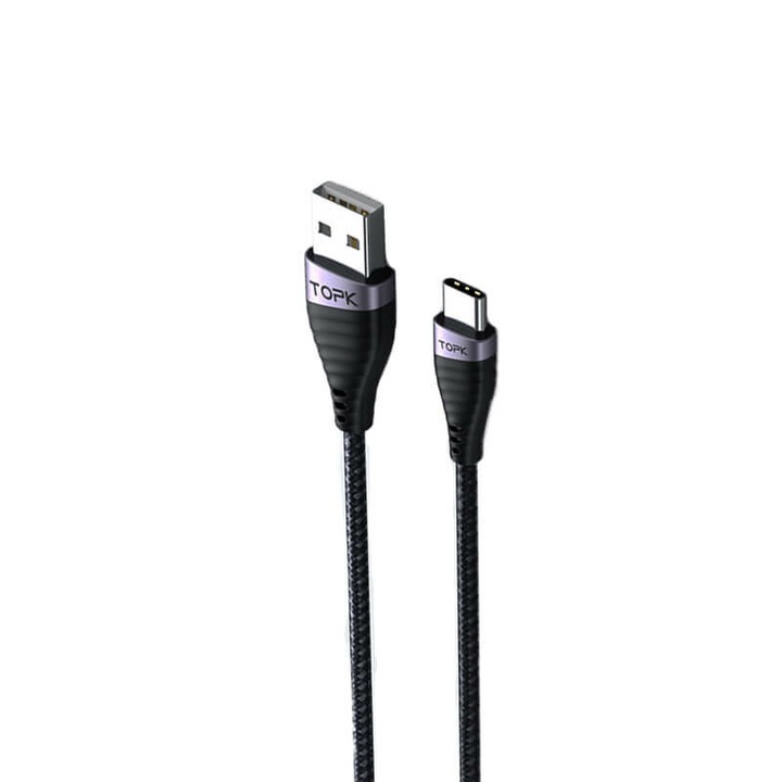 Cablu de Date TopK AN15, USB la USB Type-C, 60W, Negru - 2 m