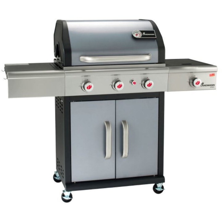 Gratar gradina, pe gaz, Landmann Triton Cook 3.1 12949, 3+1 arzatoare, 12.5 kW, sistem PTS, otel, cu roti deplasare, gri, 140 x 120 x 57 cm