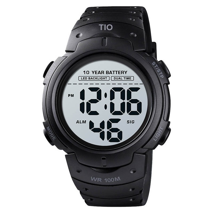 Цифров мъжки часовник TIO Sport, 10 години, батерия, хронометър, черен, 10 ATM, устойчив на плуване