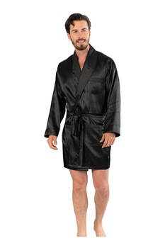 Halat barbati, Gazzaz by Vienetta, model Navy Black, satin, cordon, buzunare, negru, L Halat barbati, Gazzaz by Vienetta, model Navy Black, satin, cordon, buzunare, negru, L