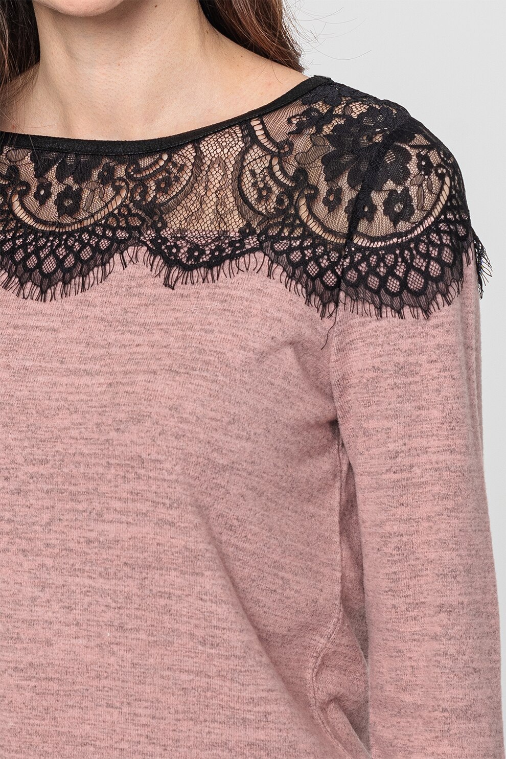 Haily's, Pulover tricotat fin cu garnituri de dantela Timea, Roz prafuit/ Negru