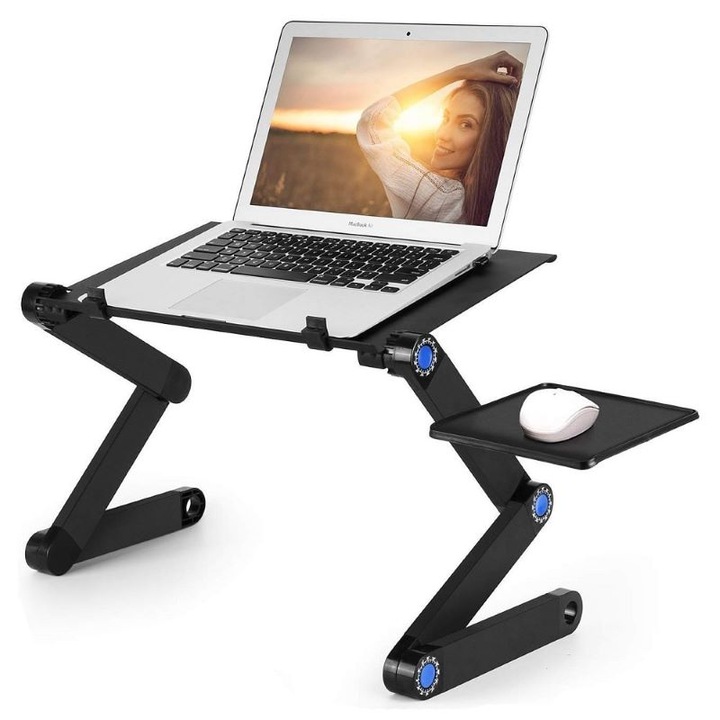 Масичка за лаптоп WoW Gadgets Shop, Два вентилатора и поставка за мишка, Черен, Алуминий