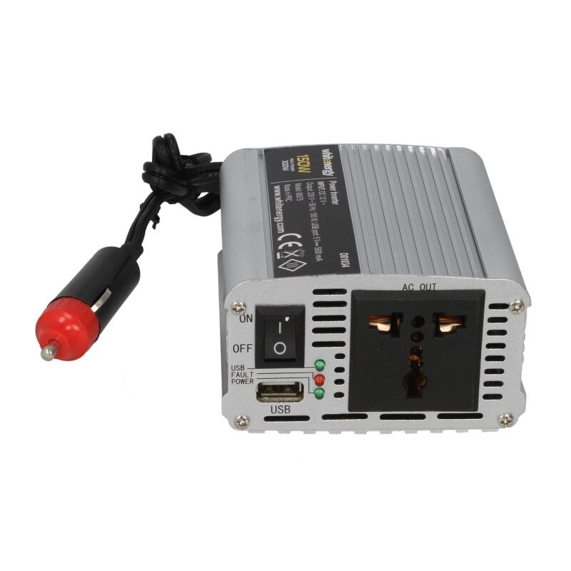 Invertor de tensiune curent auto 12/230V, 150W + USB, Whitenergy Alb/Gri