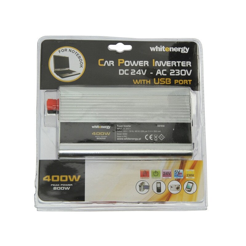 Invertor de tensiune curent auto 24/230V, 400W + USB, Whitenergy Alimentare 24V