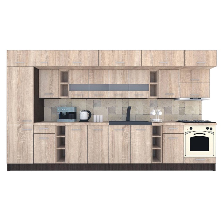 Set Bucatarie Genarom BIGMAR 390 B, 390 x 225,5 x 60 cm, Wenge / Decor 3025