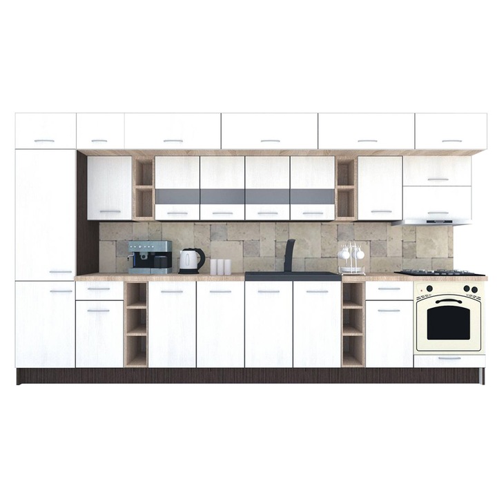 Set Bucatarie Genarom BIGMAR 390 B, 390 x 225,5 x 60 cm, Wenge / Decor 8508