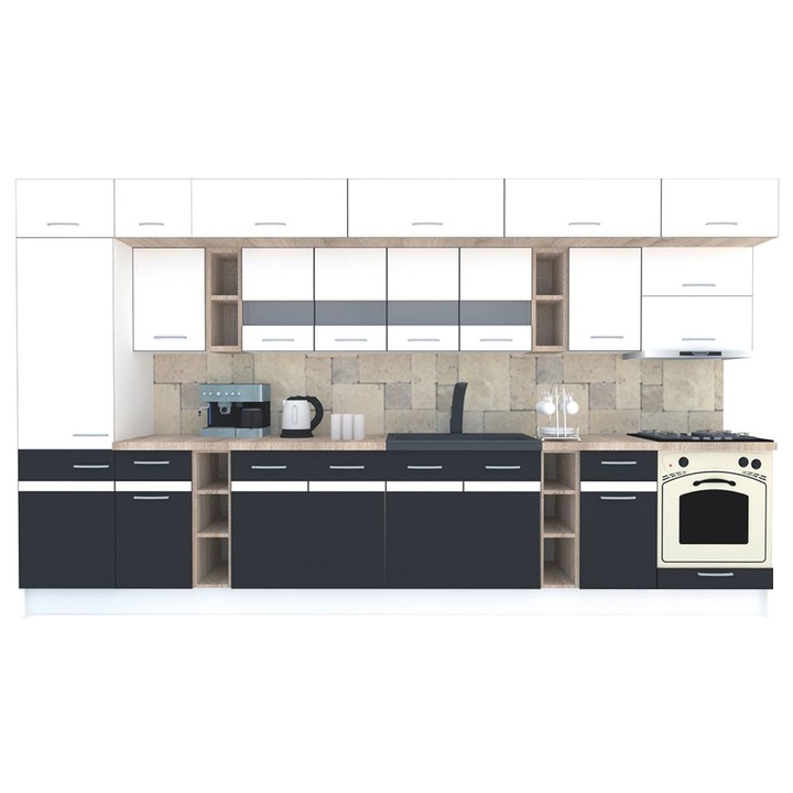 Set Bucatarie Genarom BIGMAR 390 B, 390 x 225,5 x 60 cm, Alb / Decor Gri