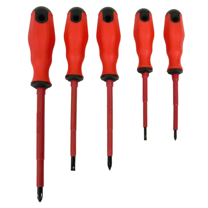Комплект от 5 отвертки, кръстат/прав магнитен връх, 3 размера, червени, гума/метал