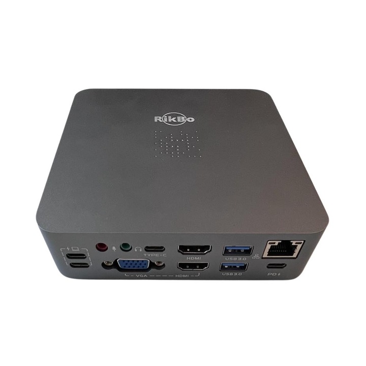 RikBo® 16 в 2 USBC адаптерен концентратор, 1x Gigabit Ethernet, 2 x 4K HDMI, 1 x VGA, 4 x USB3.0, 2 x TypeC порт за данни, 1 x TypeC PD порт, 1 x микрофон, 1 x аудио жак, 1 x Жак и микрофон, 1 x TF карта, 1 x SD карта Съвместим Macbook Pro Air