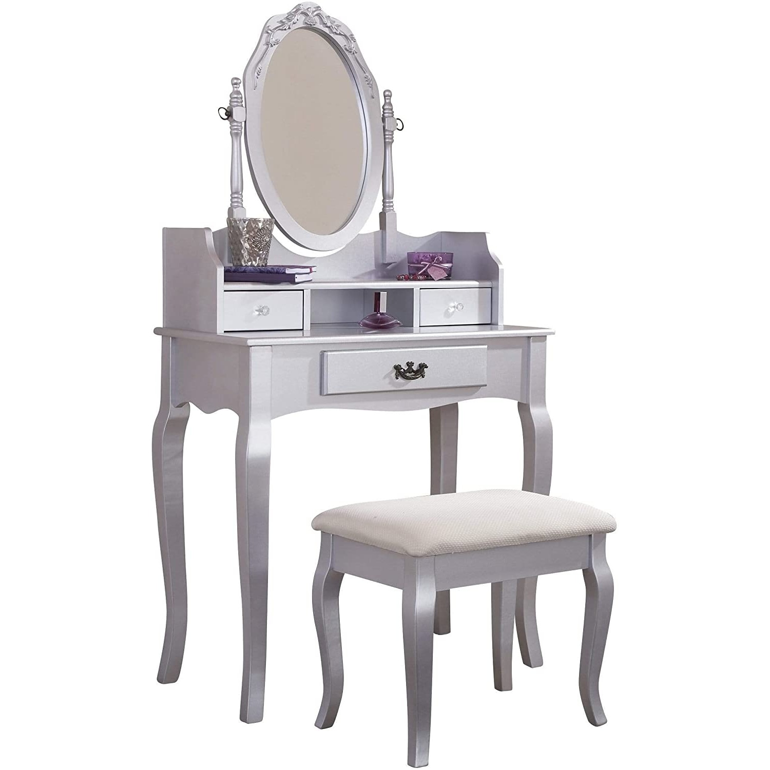 Masuta de toaleta cu Oglinda LED , eMobili, machiaj, cosmetica, makeup, vanity, moderna cu oglinda, 76x 40x 145 cm, Argintiu, SEG104