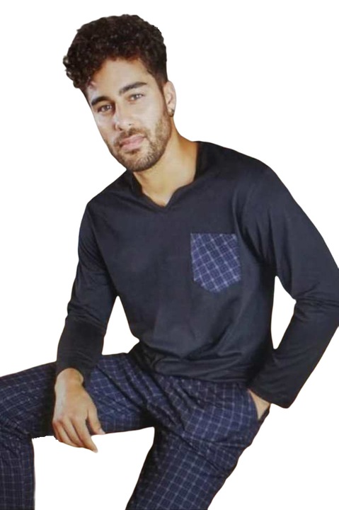 Férfi pamut pizsama normál méretállású hosszú ujjú,hosszú kockás nadrágos háromgombos,királykék-szürke,V-nyakú,M