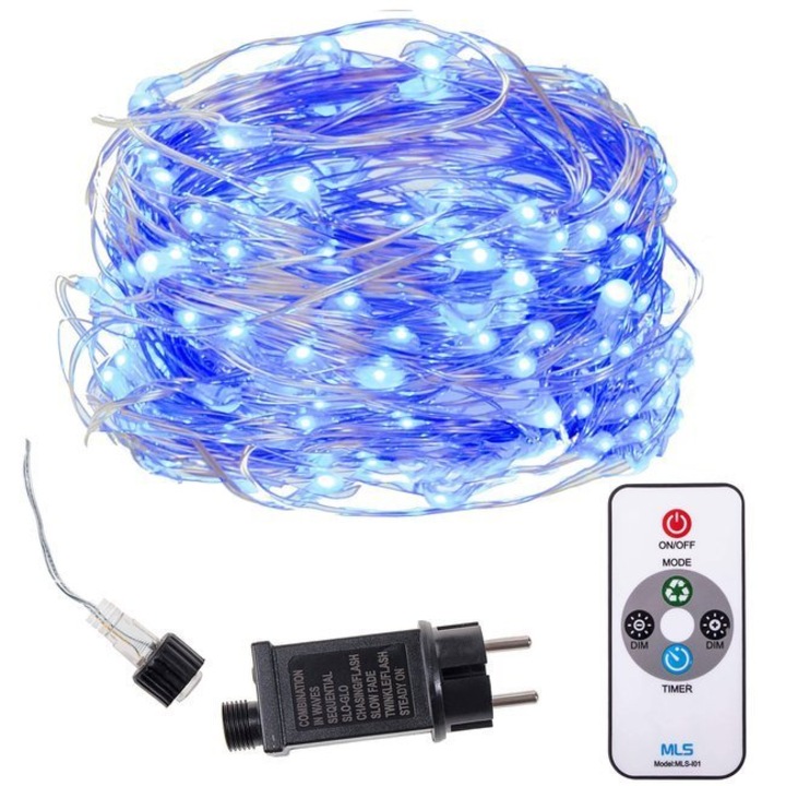 Springos távirányítós dekoratív karácsonyi fényfüzér, 300 LED, 30 m hosszúság, 8 program, 220V, kék