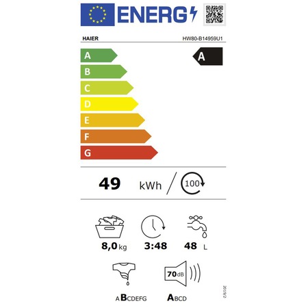 Пералня Haier HW80-B14959U1-S, 8 кг, 1400 об/мин, Клас A, Мотор Direct Motion, WiFi свързване + Bluetooth, Steam, Touch Control, Бял