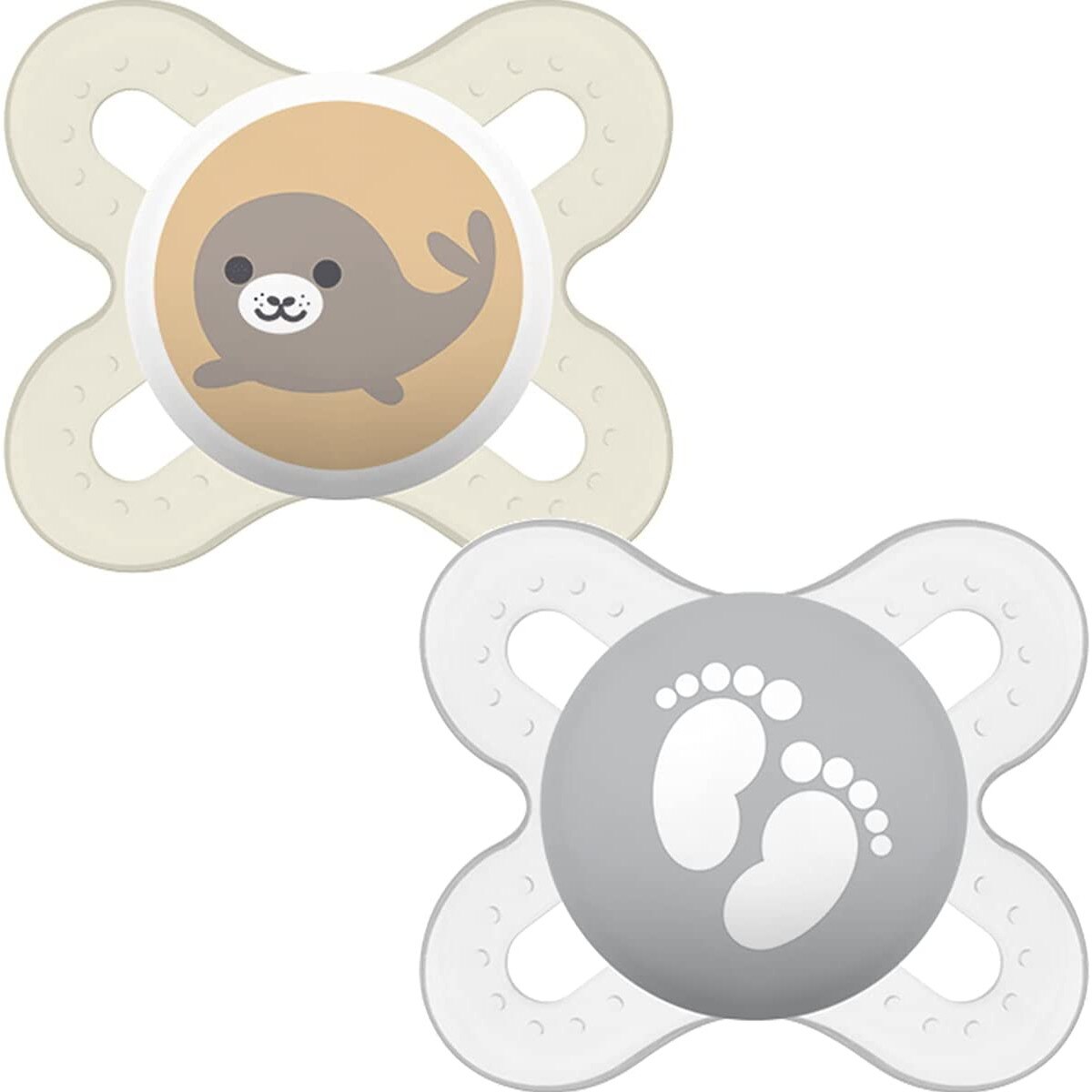 Set 2 Suzete, MAM Start, 0-2 Luni, Model Foca, Tetina din Silicon, Buton de Prindere, cu Cutie pentru Sterilizat, Fara BPA, Gri/Alb