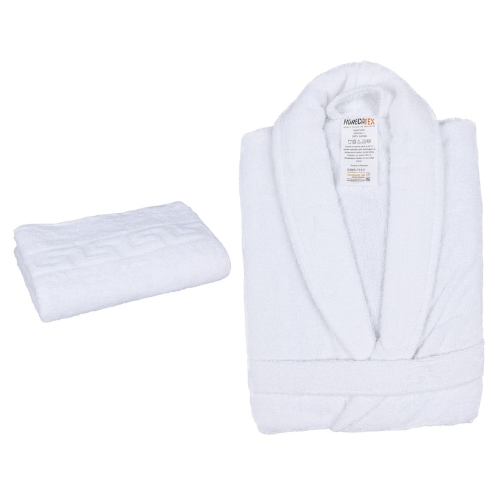 halat de baie alb 450 gsm marime L + prosop alb 50x90 cm, 550 gsm GRATIS