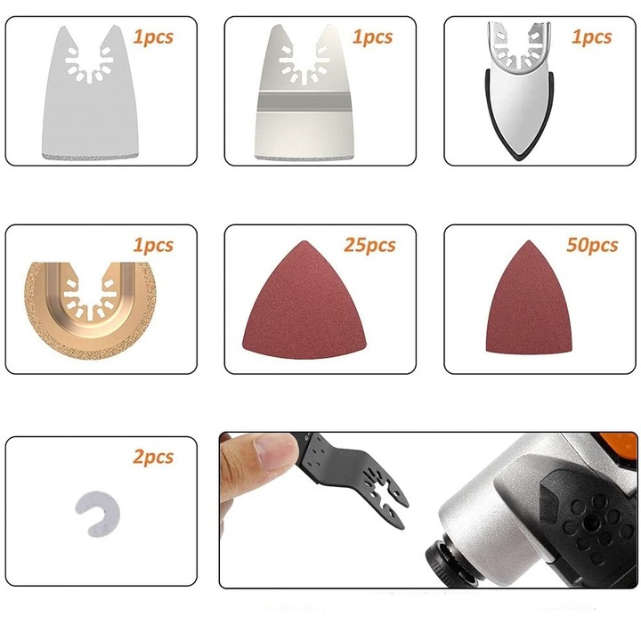 Set accesorii pentru masina multifunctionala oscilanta, taiere metal, lemn, plastic, accesorii multiunealta, 105 piese pentru Fein, Bosch, Makita, Dewalt