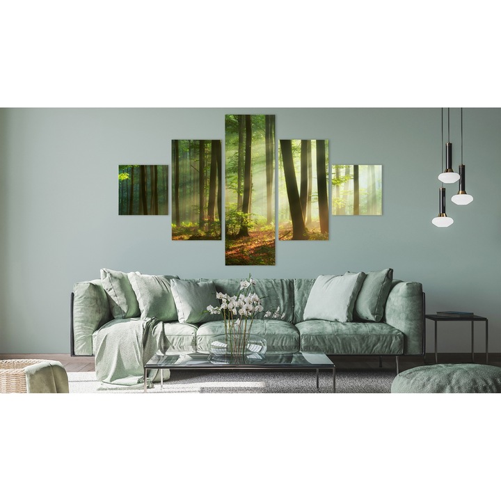 Set Tablou Pentaptic Dimineata in Padure PEISAJ 3D 250cm x 150cm Soare, Canvas, Panza pe cadru de lemn