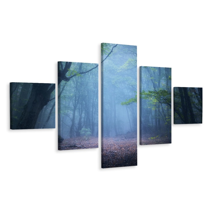 Set Tablou 5 piese Mai Multe PADURE Copaci Ceata 250cm x 150cm Efect 3D, Peisaj, Canvas, Padurea in ceata