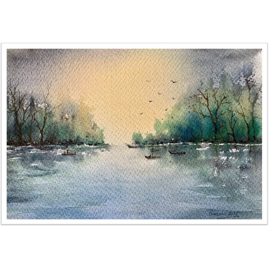 Pictura in acuarela La pescuit - tablou pictat manual, dimensiune 23 * 32 cm