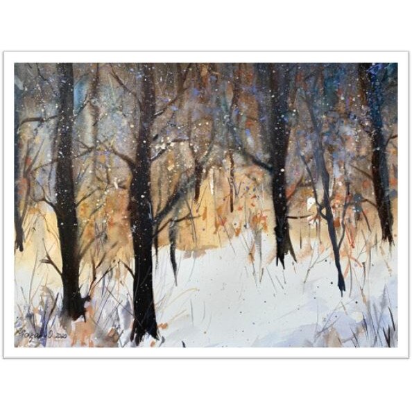 Pictura in acuarela Peisaj de iarna – tablou pictat manual, dimensiune 28 * 38 cm