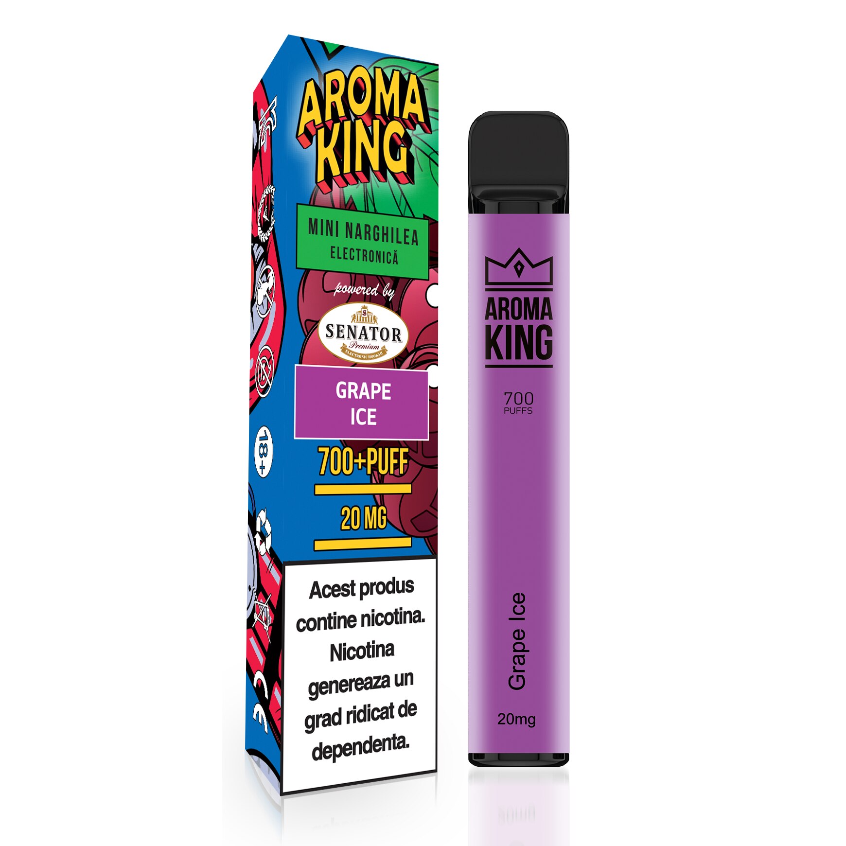 Mini narghilea electronica de unica folosinta AK by Senator - Grape Ice (700 pufuri) 20 mg