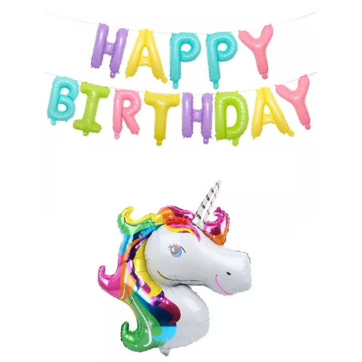Комплект фолиеви балони Happy Birthday, 40 см + фолиев балон Giant Multicolor Unicorn, 110 см, It's Party Time