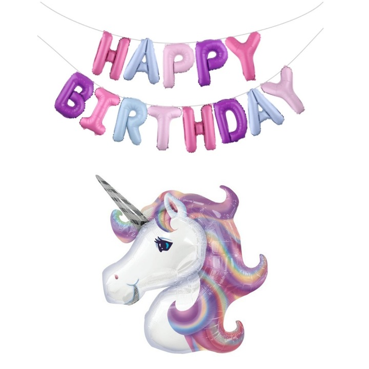 Комплект фолиеви балони Happy Birthday, 40 см + фолиев балон Giant Purple Unicorn, 110 см, It's Party Time