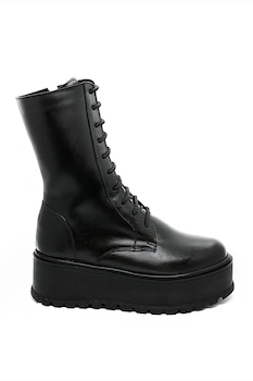 Ghete dama din piele naturala, inalte, cu platforma, fermoar si sireturi, Negru Ghete dama din piele naturala, inalte, cu platforma, fermoar si sireturi, Negru