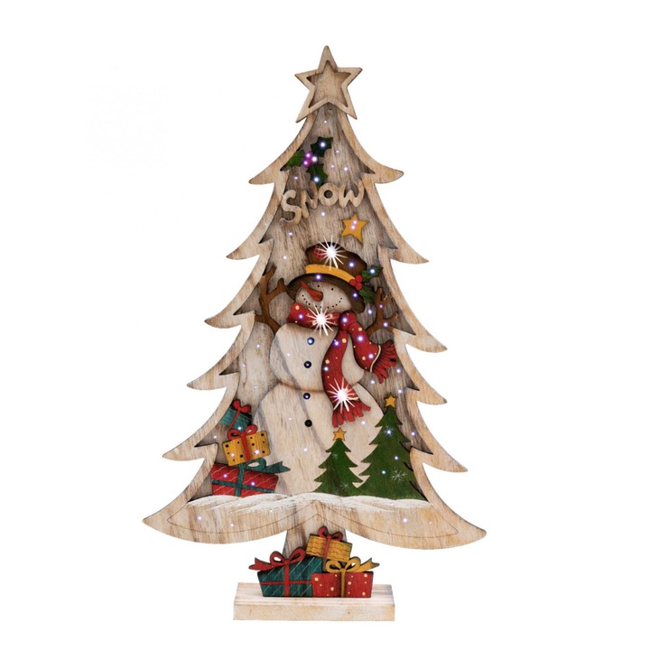 Decor de masa cu LED Home, din lemn, figurina brad, inaltime 55 cm