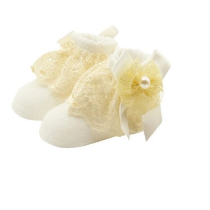 Ciorapei cu perluta si dantela, drool, 0-24 luni, alb