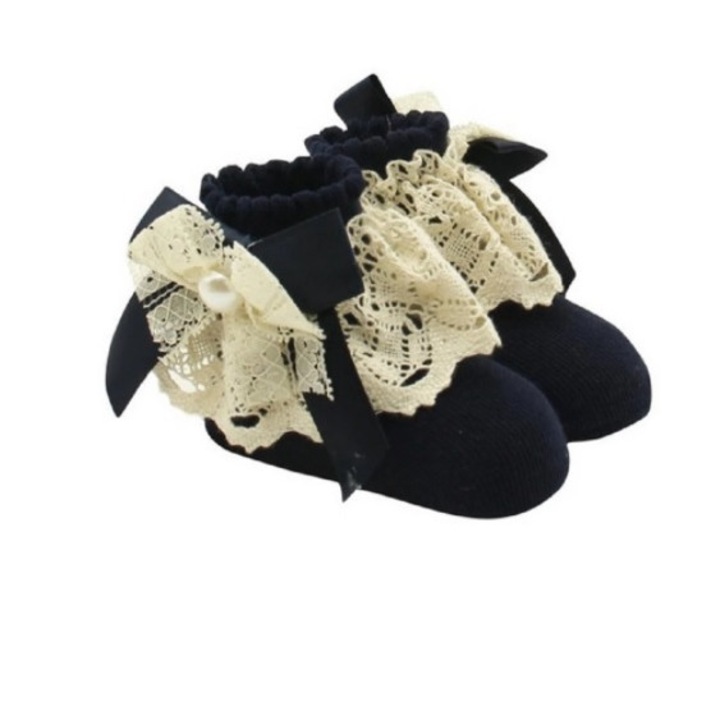 Ciorapei cu perluta si dantela, drool, 0-24 luni, bleumarine