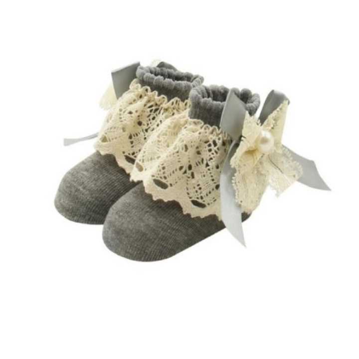 Ciorapei cu perluta si dantela, drool, 0-24 luni, gri