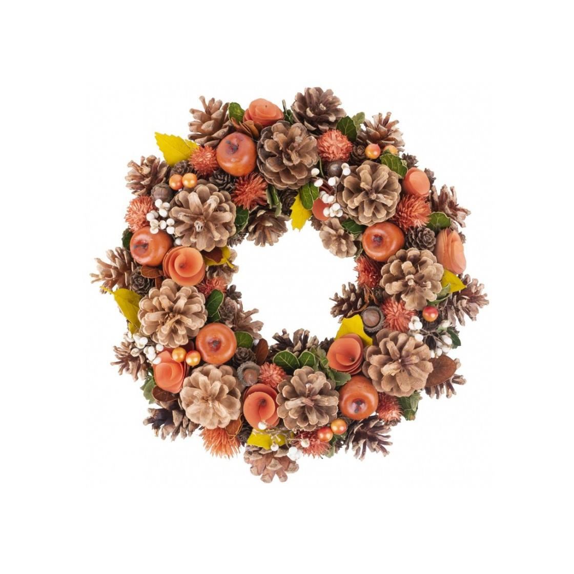 Decoratiune iarna, coroana cu conuri de brad, portocaliu, 33 cm