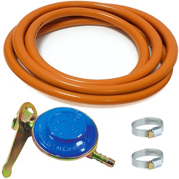 Ceas regulator butelie gaz GPL, furtun 3 metri, 2 coliere otel Ceas regulator butelie gaz GPL, furtun 3 metri, 2 coliere otel