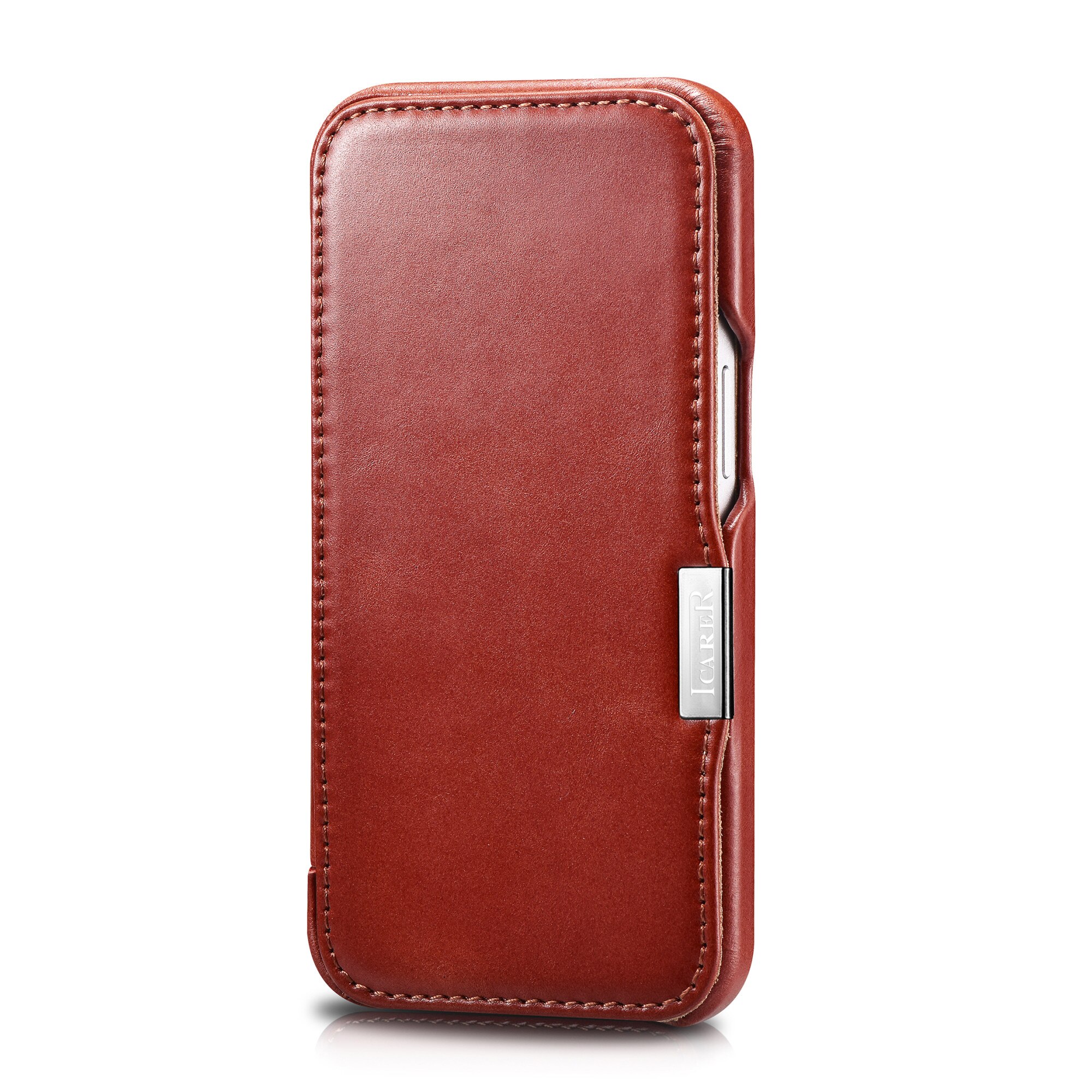 Husa pentru iPhone 13 Pro Max, iCARER, piele naturala, tip carte, inchidere magnetica, culoare Rosu burgund