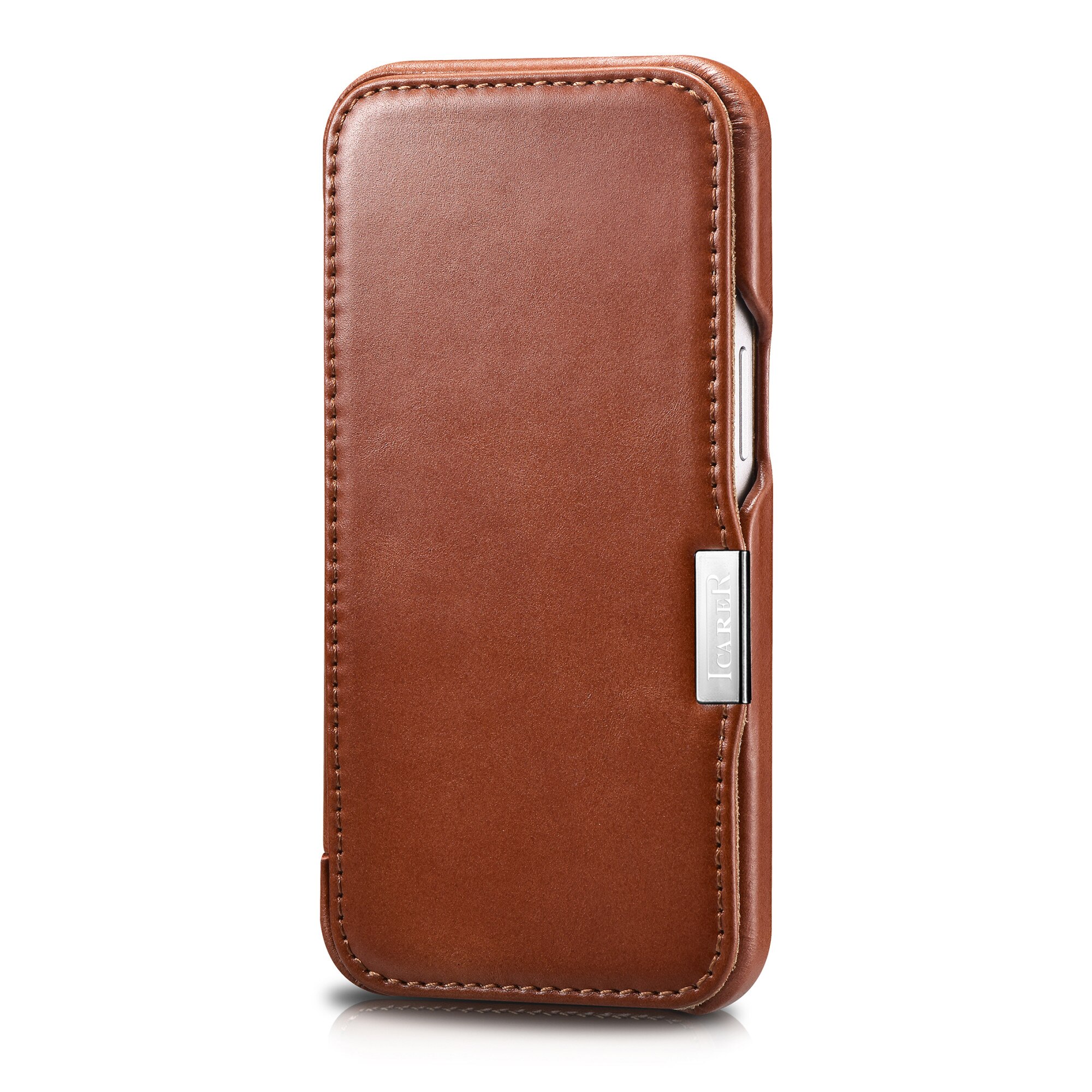 Husa pentru iPhone 13 Pro Max, iCARER, piele naturala, tip carte, inchidere magnetica, culoare Maro coniac