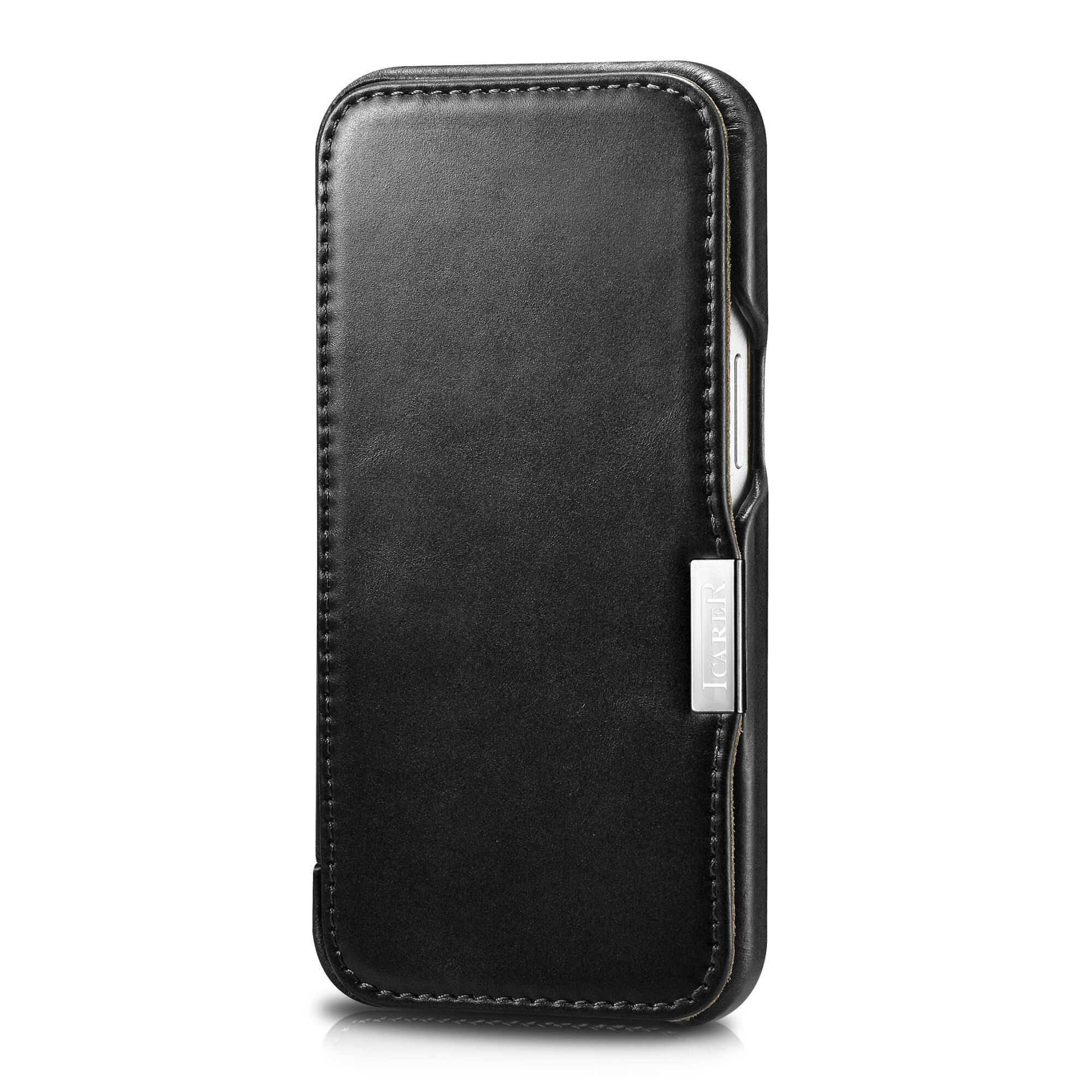 Husa pentru iPhone 13 Pro Max, iCARER, piele naturala, tip carte, inchidere magnetica, culoare Negru