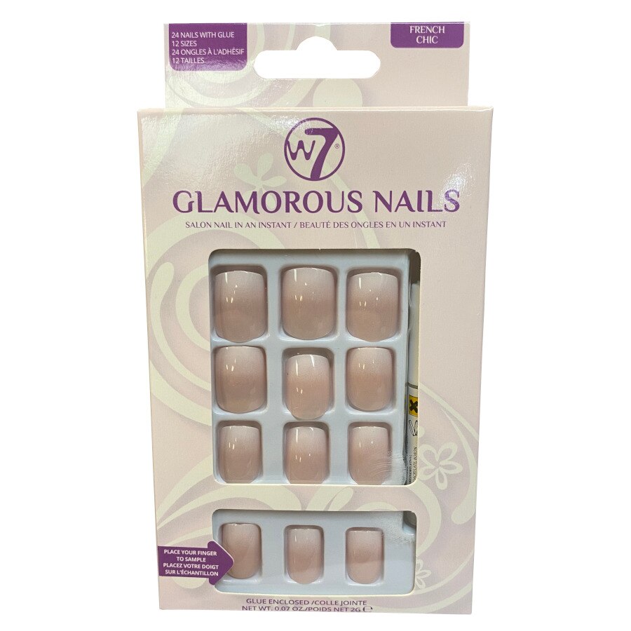 Kit 24 Unghii False W7 Glamorous Nails, French Chic, cu adeziv inclus si pila de unghii