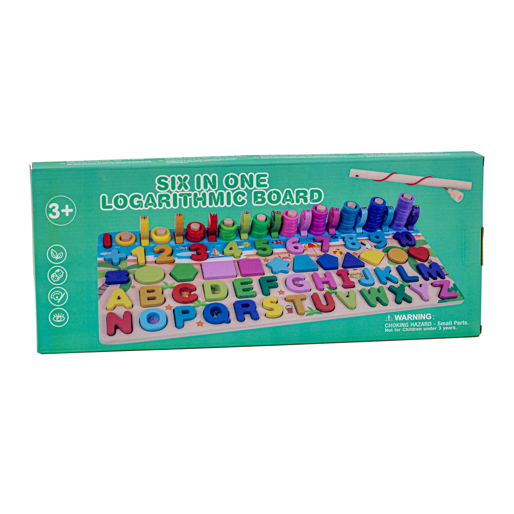 Joc creativ de lemn 5 in 1 Montessori logaritmic cu litere, forme geometrice, cifre, numaratoare si pescuit magnetic