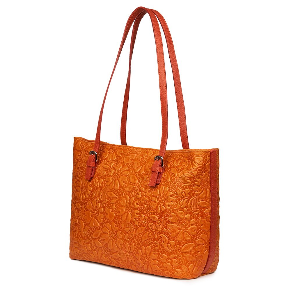 Geanta din piele amprentata cu model floral Emilia portocalie