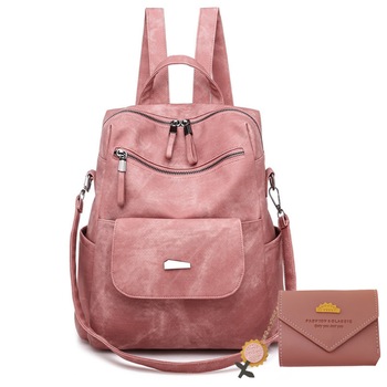 Geanta Tip Rucsac de Dama din Piele, cu Portofel Asortat, Roz Prafuit Geanta Tip Rucsac de Dama din Piele, cu Portofel Asortat, Roz Prafuit