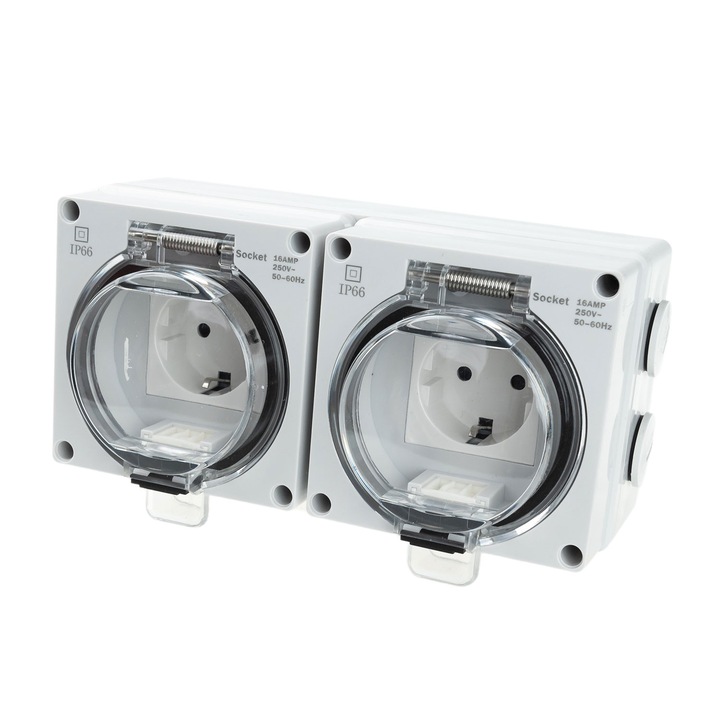 Priza schuko dubla aplicata 16A, Gri, Dimensiune 20x10,5x7,5 cm, IP66