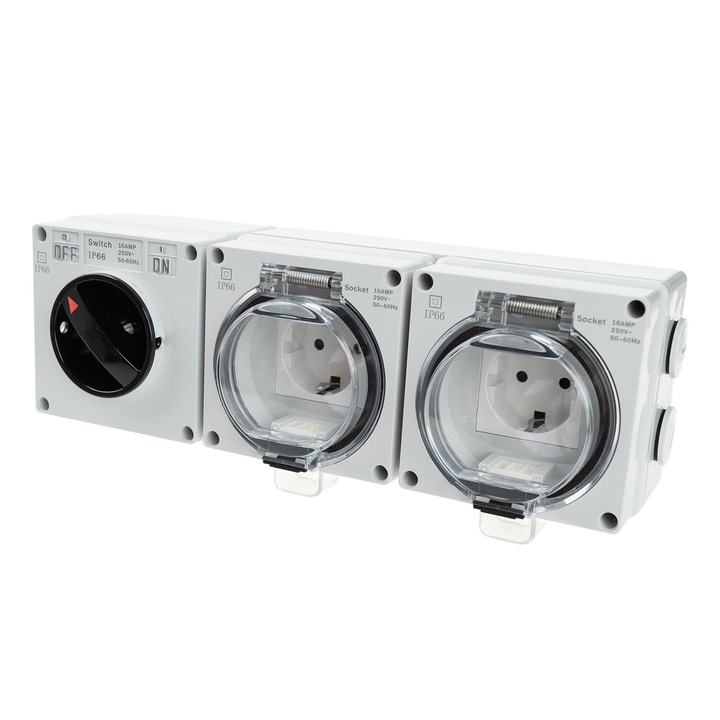 Priza schuko dubla aplicata cu intrerupator 16A, Gri, Dimensiune 30x10,5x7,5 cm IP66