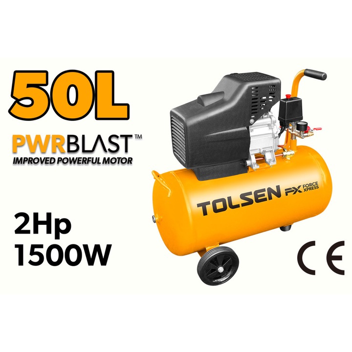 Compresor de Aer TOLSEN FX Force Xpress 50L, Putere 1500W 2CP, Presiune Maximă 8 bar, Debit Aer 188L/min, Pompa pe Curea cu Ulei, Zgomot 88dB, Protecție Termica Motor, Regulator și Manometru, Roți și Mâner Transport, Aprobat CE